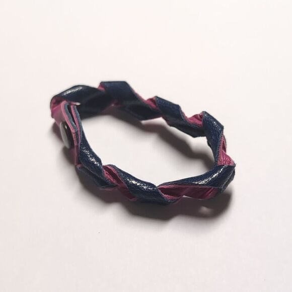 87 Navy Blue and Pink Twisted Leather Cuff Bracelet with Snap Button - Picture 3 of 5
